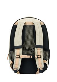 Zaino beige con pannello posteriore in mesh nero, spallacci imbottiti e fibbie regolabili. Presenta un logo sul lato posteriore.