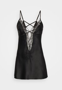 Black satin slip dress with lace detailing, deep V-neck, and crisscross spaghetti straps. Smooth texture, short length, and frayed lace edges.