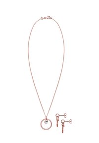 Roséguld smyckeset som består av ett tunt kedjehalsband med en cirkulär berlock och en klar kristall, komplett med matchande studörhängen.