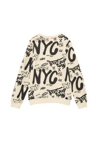 Kremowa bluza z czarnym napisem w stylu graffiti, w tym "NYC," z okrągłym dekoltem i ściągaczami. Miękki materiał bawełniany.