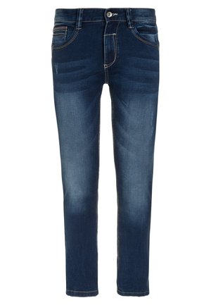 Granatowe dżinsy o dopasowanym kroju, z kontrastującymi przeszyciami, klasycznym pięciokieszeniowym fasonem oraz subtelnymi efektami przetarcia na nogawkach.