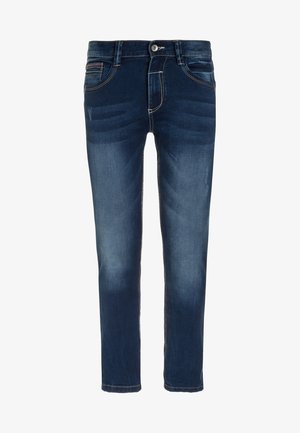 Mørkeblå denimjeans med et slankt fit, der har kontrasterende syninger, et klassisk design med fem lommer og subtile falmede detaljer på benene.