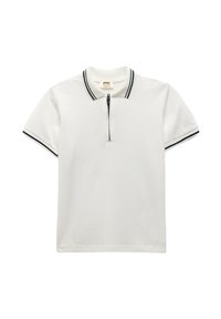 Hvid polo-shirt med en kort lynlås, der har en klassisk krave og marineblå striber på kraven og ærmerne. Fremstillet af bomuld.