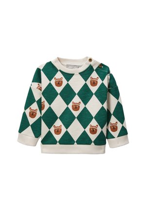Pull à manches longues enfant avec motif losanges vert et blanc et visages d’ours marron, boutons à l’épaule, poignets et ourlet côtelés.