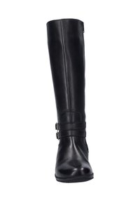 Botte noire en cuir montant jusqu'au genou, dotée de deux sangles ajustables et de boucles, texture lisse, bout rond et semelle plate.