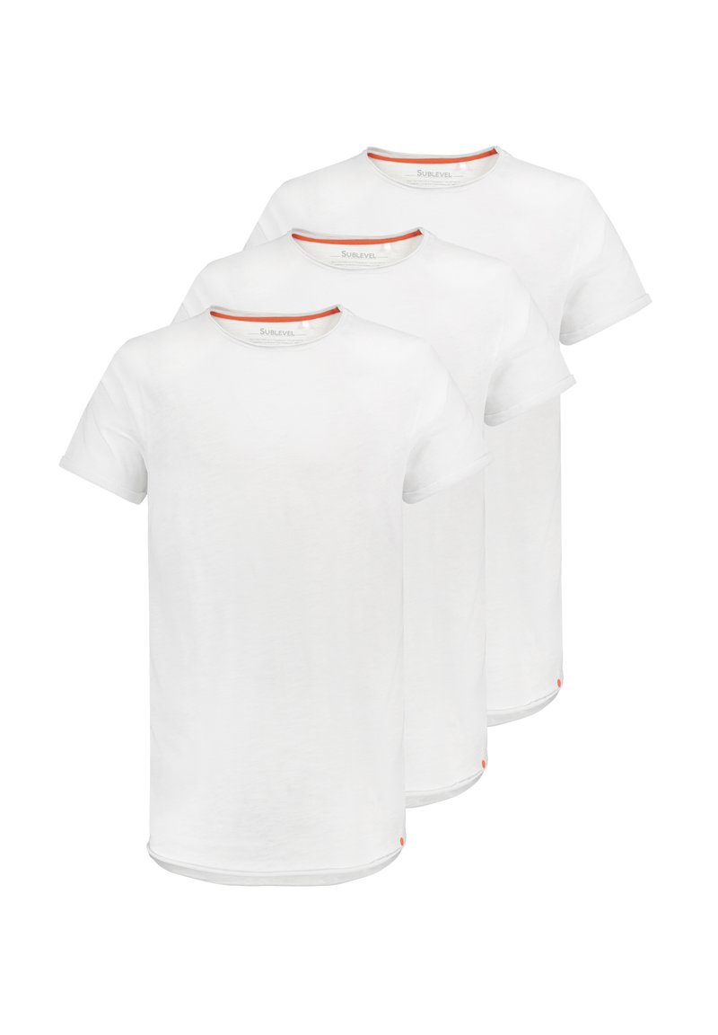 Three white cotton T-shirts with round necklines, short sleeves, and orange accents on the neck and hem. Soft texture, regular fit.