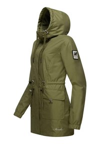 Olive green waterproof jacket with a hood, drawstring waist, zippered pockets, and a patch on the sleeve. Smooth, lightweight fabric.