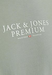 Šviesiai žalia medvilninė marškinėliai su iškilniu balto teksto užrašu "JACK & JONES PREMIUM" ir mažuoju registruoto prekių ženklo simboliu bei Danijos vėliava.