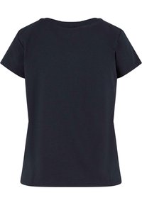 Mørkeblå t-skjorte med kort arm og rund hals, med en jevn stoffkvalitet og en klassisk, avslappet fasong, ingen synlige mønstre.
