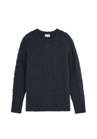 Marinefarbener Kabelstrickpullover, hergestellt aus weichem Material, mit runder Ausschnitt und langen Ärmeln mit gerippten Bündchen und Saum.