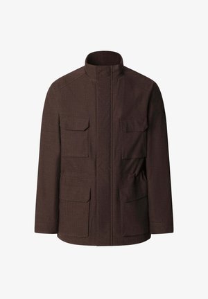 Bruine jas van gestructureerde stof, met een hoge kraag, ritssluiting aan de voorkant en vier opgestikte zakken. Eenvoudig, recht gesneden ontwerp.