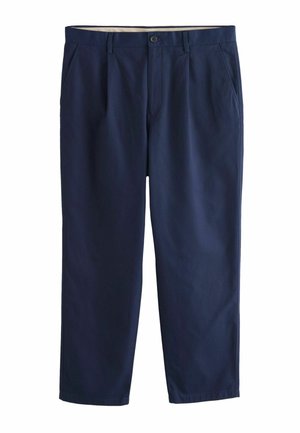 Marineblaue Freizeithosen mit Knopf- und Reißverschluss, Gürtelschlaufen, Seitentaschen und geradem Bein, vor weißem Hintergrund.