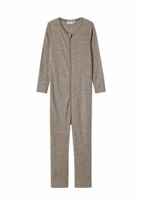 Grå helfodrad jumpsuit i texturerat tyg med långa ärmar och dragkedja fram. Enkelt design utan mönster eller detaljer.