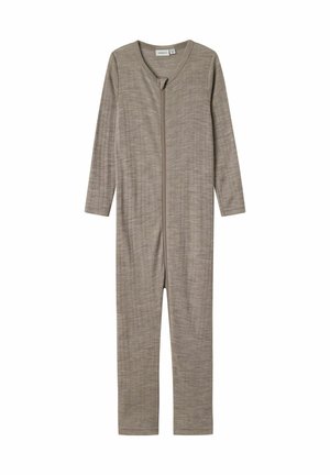 Grå helfodrad jumpsuit i texturerat tyg med långa ärmar och dragkedja fram. Enkelt design utan mönster eller detaljer.