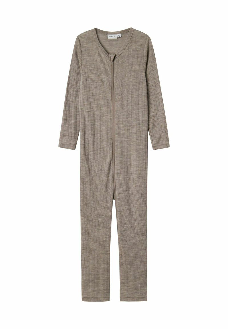 Grå helfodrad jumpsuit i texturerat tyg med långa ärmar och dragkedja fram. Enkelt design utan mönster eller detaljer.