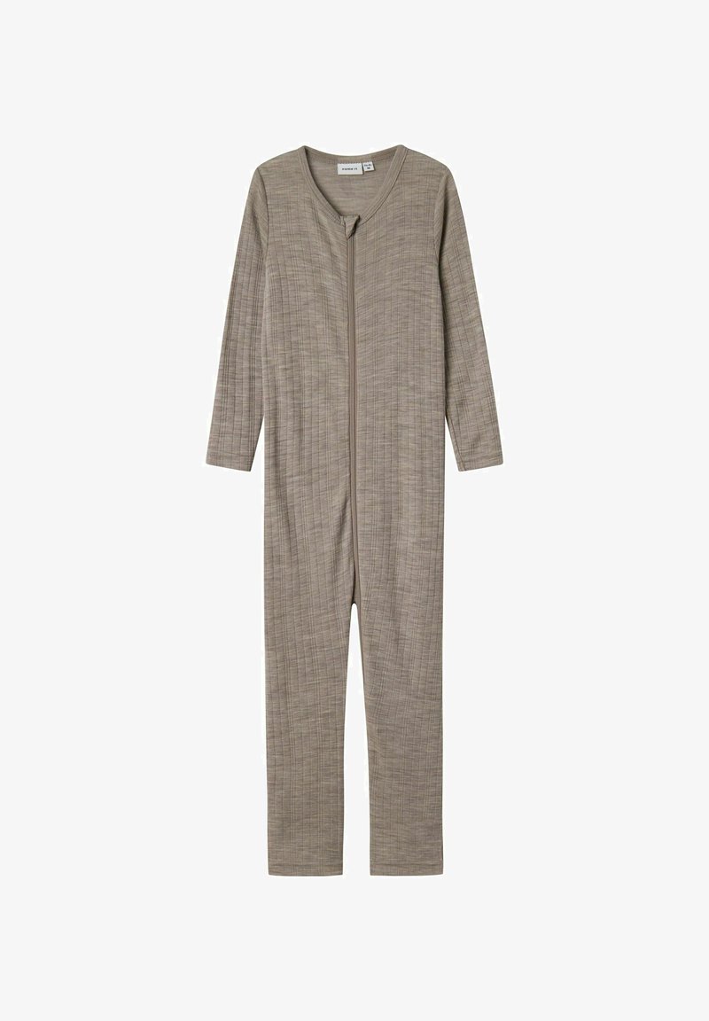 Grå helfodrad jumpsuit i texturerat tyg med långa ärmar och dragkedja fram. Enkelt design utan mönster eller detaljer.