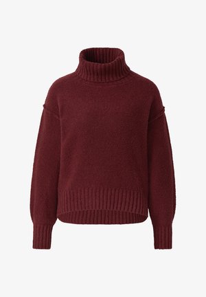 Suéter de cuello alto burdeos con una textura fuzzy, hombros caídos y dobladillos y puños acanalados.