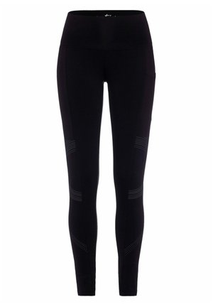 Schwarze Leggings aus elastischem Material, mit einem hohen Bund, seitlichen Taschen und dezenten Streifenakzenten entlang der Beine.