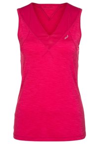 Różowy bezrękawnik z dekoltem w kształcie litery V, wykonany z teksturowanej, melanżowej tkaniny, z małym logo na piersi.