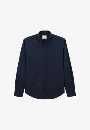 Chemise boutonnée à manches longues bleu marine avec un col plié et une poche poitrine unique avec fermeture à bouton.