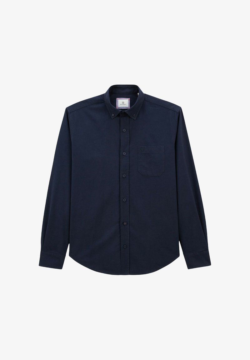 Chemise boutonnée à manches longues bleu marine avec un col plié et une poche poitrine unique avec fermeture à bouton.