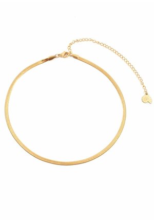Goudkleurige metalen ketting met een gladde, platte schakeling. Voorzien van een kreeftsluiter en een verstelbare ketting met een klein accent sieraad.
