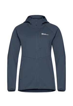 Giacca leggera blu scuro con cappuccio, dotata di zip completa, due tasche laterali con zip e tessuto texturizzato. Logo sul petto.