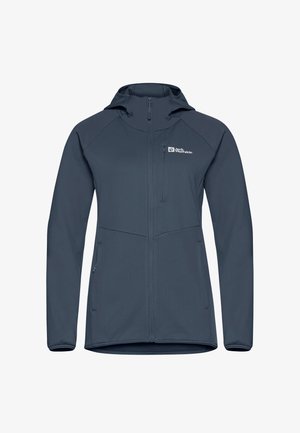 Dunkelblaue, leichte Jacke mit Kapuze, mit einem vollständigen Reißverschluss, zwei seitlichen Reißverschlusstaschen und einem strukturierten Stoff. Logo auf der Brust.