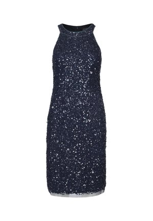 Dunkelblaues ärmelloses Cocktailkleid mit hohem Ausschnitt, vollständig mit glänzenden Pailletten bedeckt, figurbetonte Silhouette, knielang.