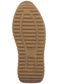 Semelle de chaussure en caoutchouc avec un motif texturé et strié de couleur brun clair. Comprend une forme ovale centrale avec un accent lisse au milieu.