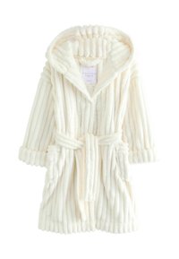 White, plush robe with vertical stripes, hood, and belt. Features long sleeves and two pockets. Soft texture for comfort.
