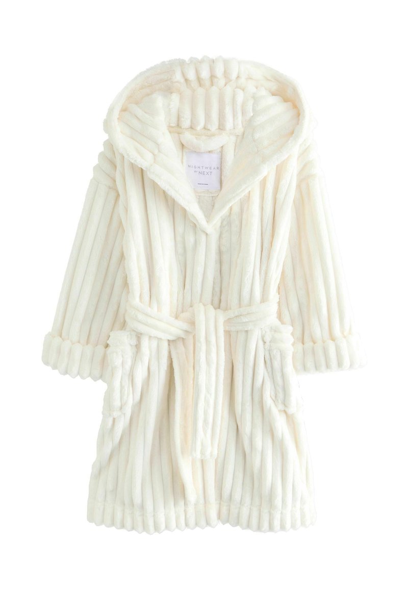White, plush robe with vertical stripes, hood, and belt. Features long sleeves and two pockets. Soft texture for comfort.