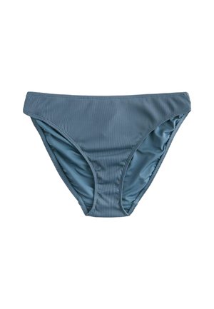 Bas de bikini bleu côtelé avec une taille basse, texture lisse et couverture moyenne. Dispose de côtés froncés pour un ajustement sur mesure.