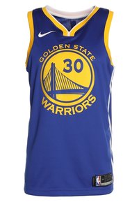 Maglia da basket dei Golden State Warriors in blu con rifiniture gialle, numero 30 e logo del Ponte Golden Gate sul fronte.