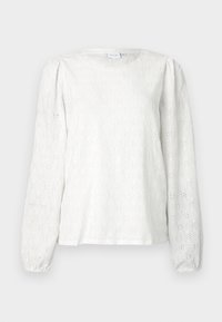 Witte blouse van gestructureerde stof met bloemenperforaties, ronde hals en lange pofmouwen met elastische manchetten.