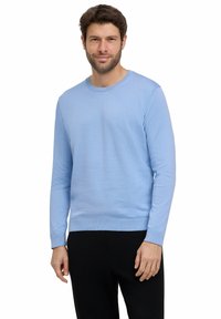 Maglione lavorato a maglia azzurro chiaro con scollo rotondo, maniche lunghe e polsini e orlo a coste. Texture liscia, design aderente, abbinato a pantaloni neri.