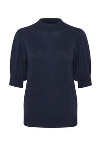 Navyblauwe pullovertrui met een hoge halslijn, korte puffmouwen en een glanzende textuur, met rib gebreide manchetten en zoom.