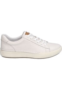 Weiße Leder-Sneaker mit einer strukturierten Gummisohle, flachen Schnürsenkeln, einem braunen Lederakzent auf der Zunge und kontrastierenden Nähten.