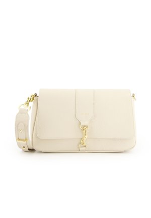 Beige leather crossbody bag with a textured finish, gold hardware, flap closure, and adjustable strap featuring a snap clasp and stitching details.