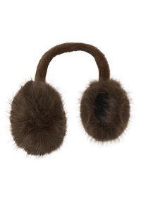 Hnedé umelé kožušinové nausníky s prepojovacím polstrovaným čelenkom, vybavené jemnou textúrou a zaoblenými krytmi na uši pre teplo.