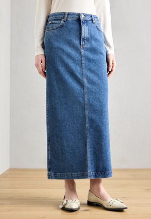 SKIRT HIGH WAIST REGULAR FIT SLIT AT BACK - Denim skirt - deep mid blue wash