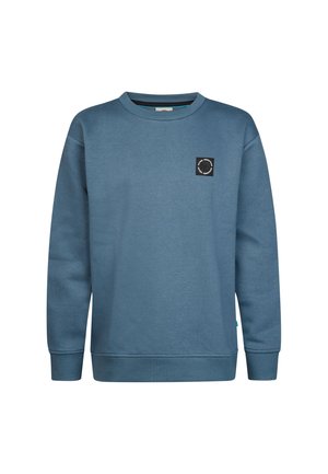 Sweat-shirt bleu à col rond avec manches longues et petit patch logo noir circulaire sur la poitrine gauche.