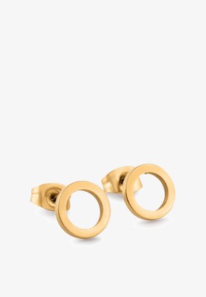 Zlaté kruhové náušnice s hladkým povrchom a otvoreným stredom. Majú jednoduchý, moderný dizajn.