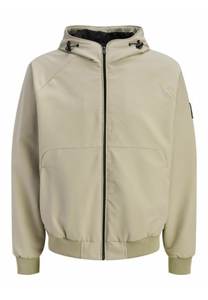 Chaqueta con capucha beige con cremallera, cordones ajustables, puños y dobladillo acanalados, y bolsillos delanteros.