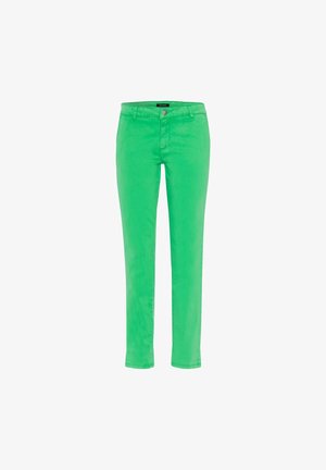 Vaqueros ajustados de color verde brillante con botón delantero y bolsillos, mostrados extendidos sobre un fondo blanco sencillo.