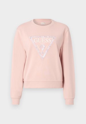 Felpa rosa realizzata in morbido tessuto, con un logo triangolare e dettagli glitter. Maniche lunghe e scollo rotondo. Design cropped.
