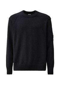 Maglione navy realizzato in un materiale morbido, con scollatura rotonda, orlo a coste e tasca laterale con dettaglio a bottone.