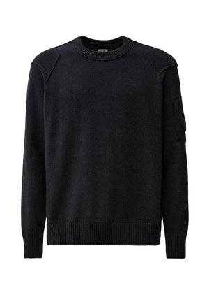 Maglione navy realizzato in un materiale morbido, con scollatura rotonda, orlo a coste e tasca laterale con dettaglio a bottone.