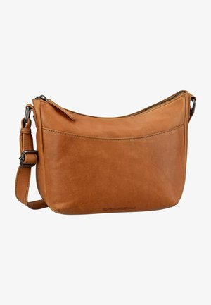 Tan leather crossbody bag with a curved shape, top zipper closure, and adjustable strap. Features a front pocket for added storage.