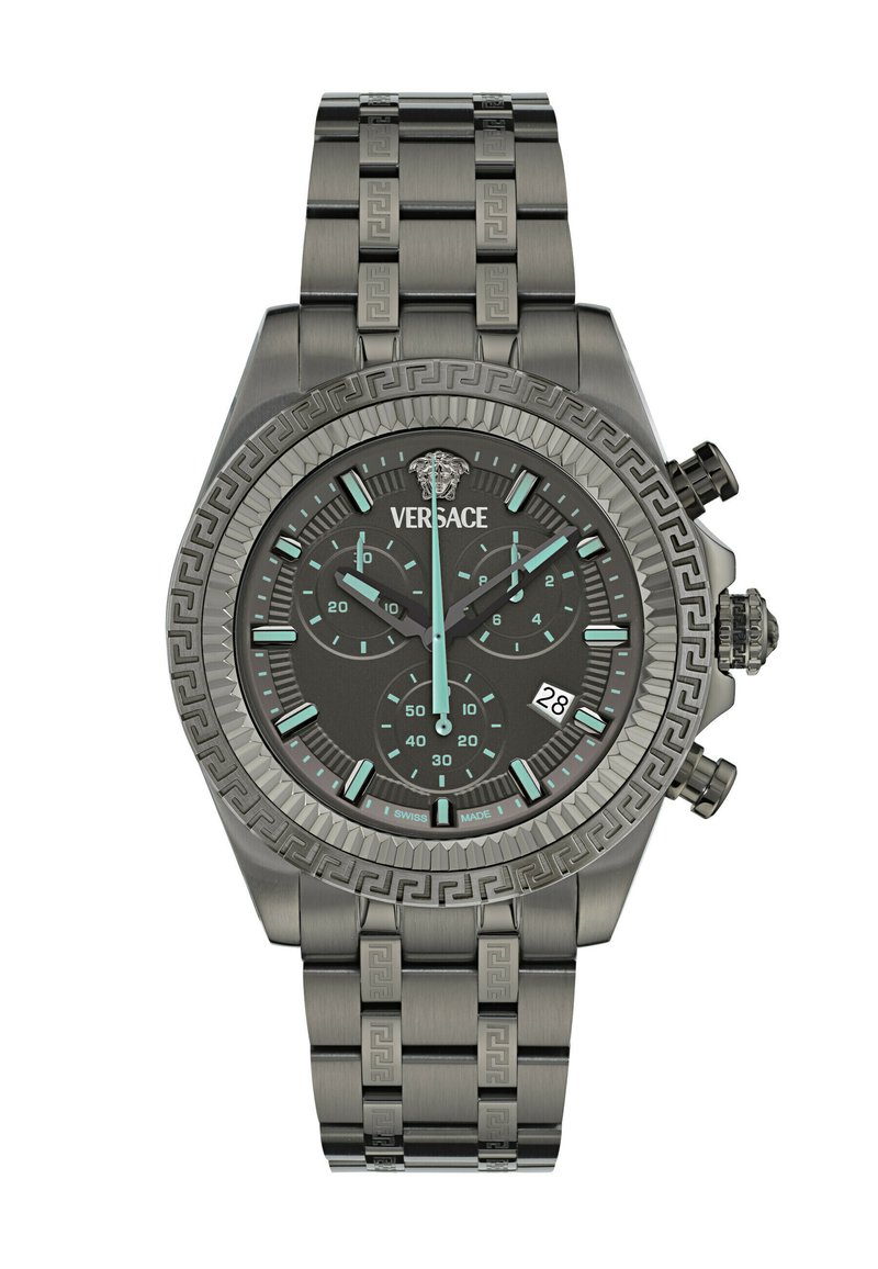 Versace meeste roostevabast terasest kronograafkell musta kellapinnaga, helesiniste aktsentidega, kuupäevanäidikuga ja detailse käevõruga, millel on Kreeka võtme muster.